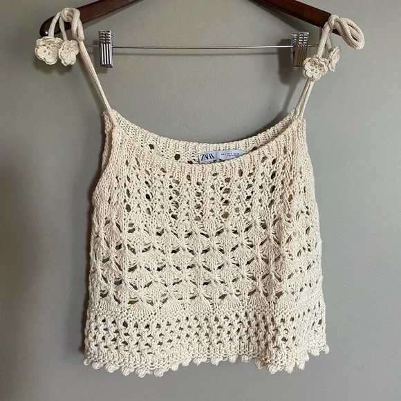 Zara Crochet Top 100% Cotton Flower Ties Size S - Picture 3 of 7